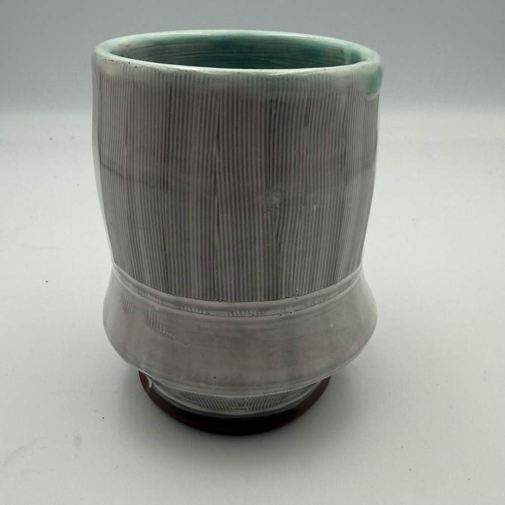 Studio Pottery Sgraffito Tumbler Grey White Turquoise Glaze Handcrafted Cup